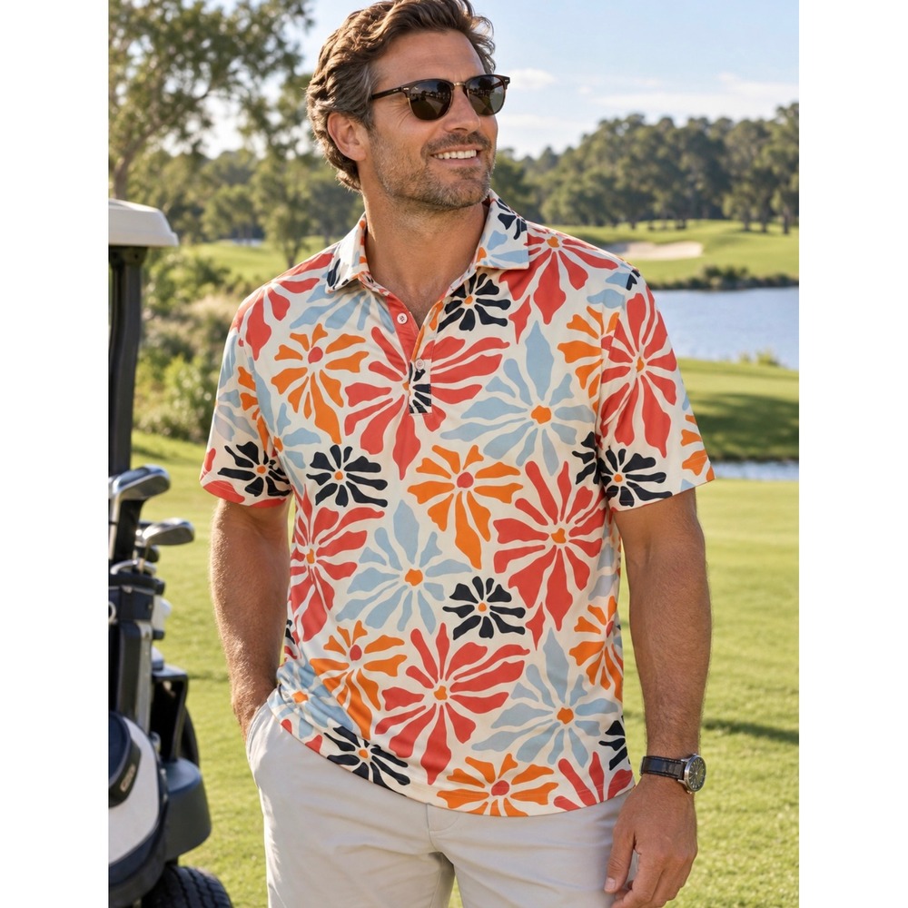 Swannies Performance Golf Polo Size Medium Bold Floral Preppy Vacation Resort